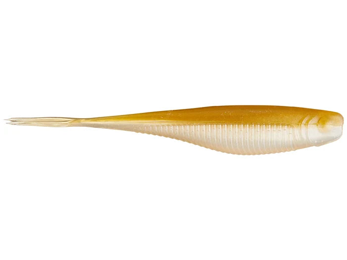 X-Zone Rally Shad soft plastic fishing lure in a translucent tan and gold color with ribbed body and paddle tail, designed for freshwater fishing tackle.