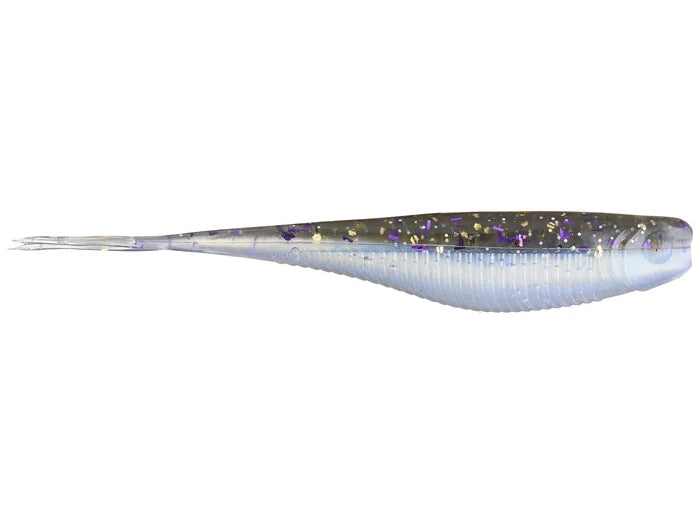 X-Zone Rally Shad fishing lure in gray and translucent colors with purple and silver flecks, designed to mimic a small baitfish for effective fishing tackle use.