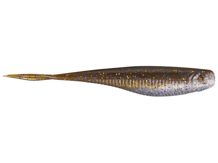 X-Zone Rally Shad fishing lure in brown with blue and gold flecks, designed to mimic a small baitfish for effective fishing tackle use.
