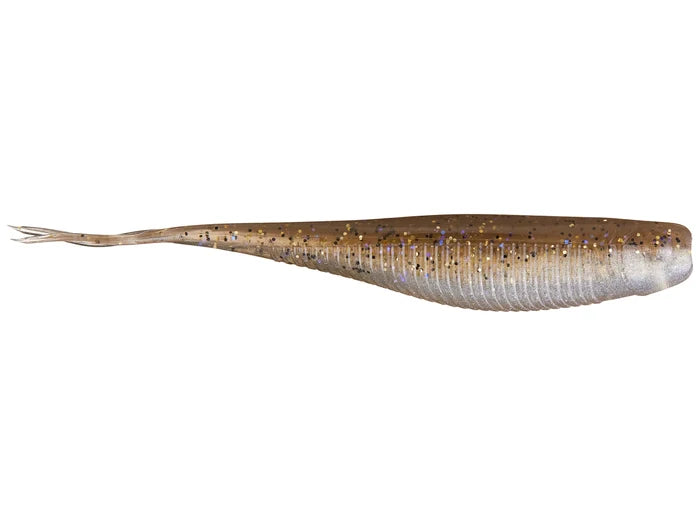 X-Zone Rally Shad fishing lure in brown and silver with glitter accents, designed to mimic a small baitfish for attracting musky and other fish species.