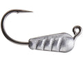 Close-up of a silver fishing jig hook with a weighted, ribbed body designed for finesse fishing, part of the X zone Stealth Series Stealth Finesse Tube Jig 4pk.