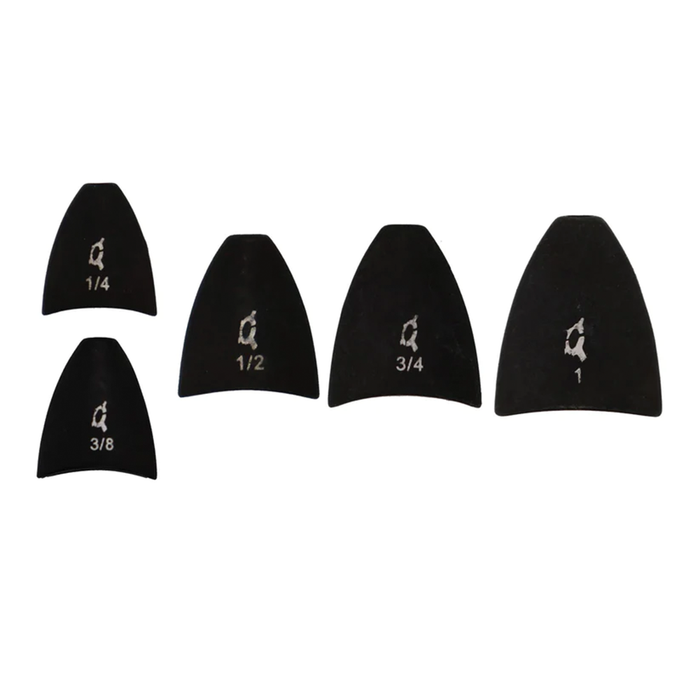 Set of five black X-Zone Tungsten Arrowhead Weight fishing tackle pieces in varying sizes, designed for precise control and balance in musky and fly fishing.