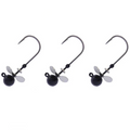 Three black X-Zone Tungsten Propeller Jig Heads with sharp fishing hooks and small silver propellers, designed for fishing tackle and lure applications.