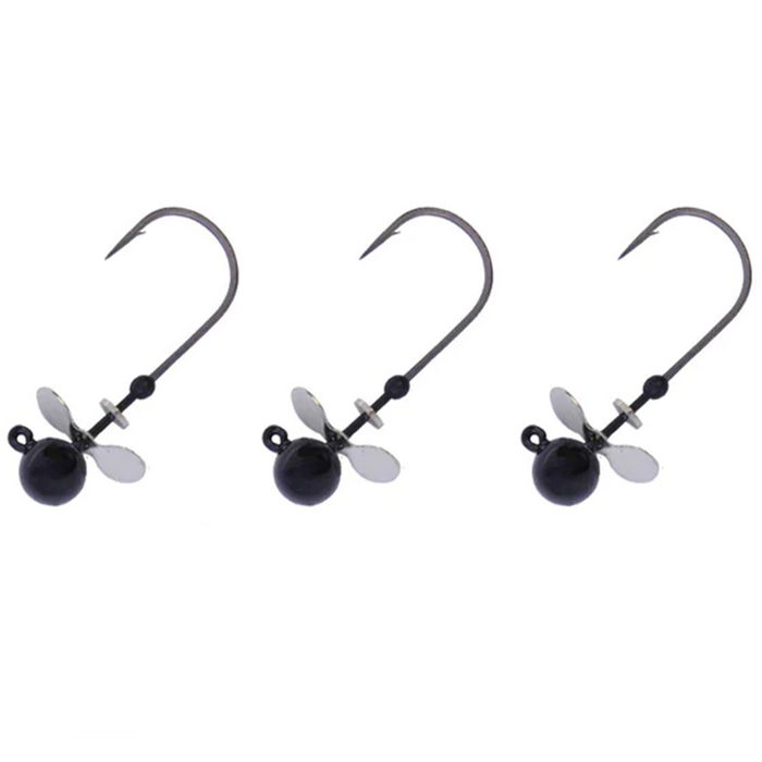 Three black X-Zone Tungsten Propeller Jig Heads with sharp fishing hooks and small silver propellers, designed for fishing tackle and lure applications.