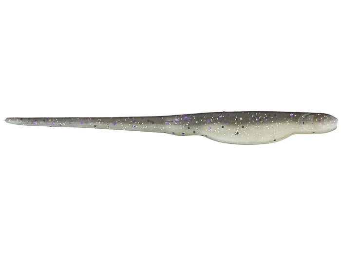 X-Zone Whiplash Shad soft fishing lure in gray with purple and silver glitter, designed to mimic a baitfish for use in fishing tackle applications