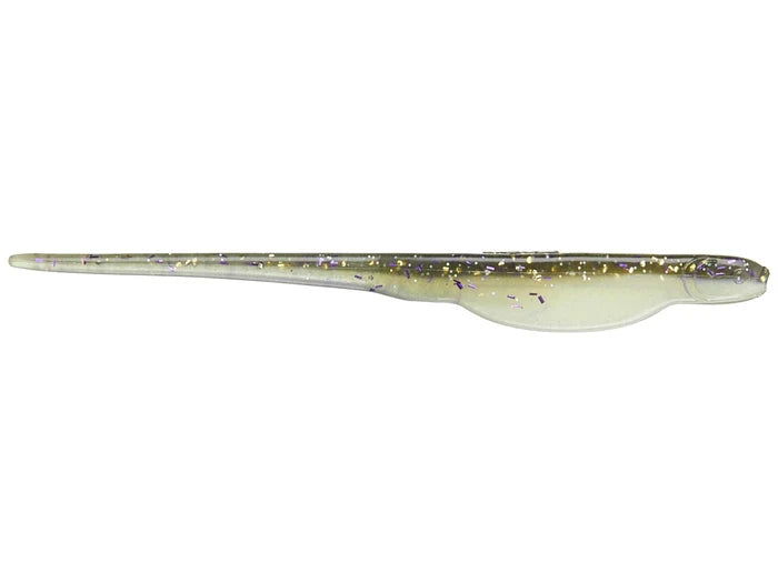 X-Zone Whiplash Shad fishing lure in translucent green with purple and gold flecks, designed to mimic a small baitfish for effective fishing tackle use.