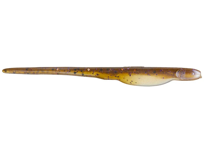 X-Zone Whiplash Shad fishing lure in translucent brown with black and purple flecks, designed for use with fishing tackle to attract fish.