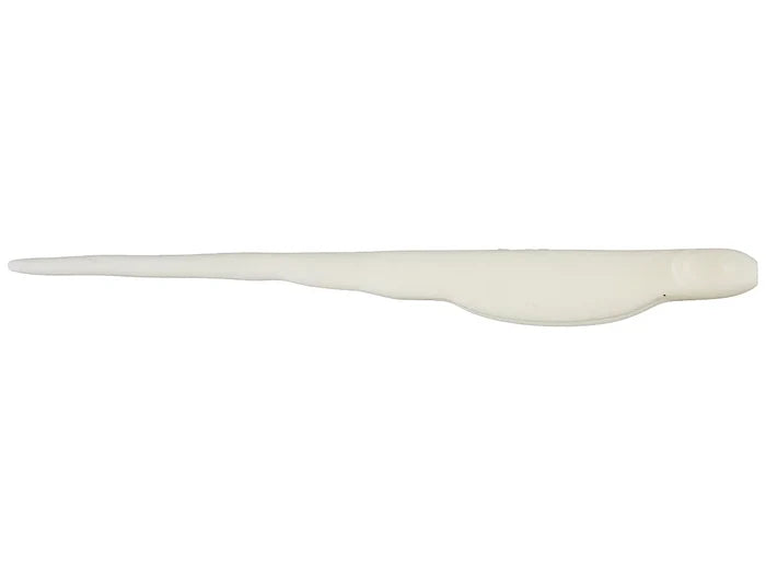 X-Zone Whiplash Shad fishing lure in solid white, designed with a slender body and tapered tail for lifelike movement in water, ideal for fishing tackle.