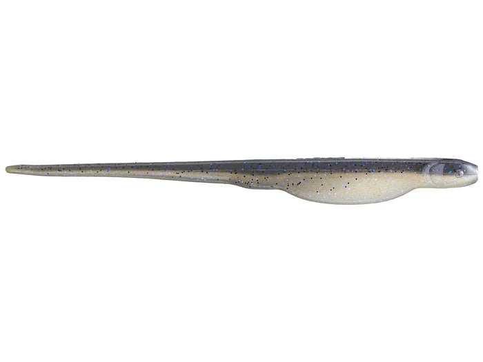 X-Zone Whiplash Shad fishing lure in translucent gray and cream colors with black speckles, designed for freshwater fishing and targeting musky.