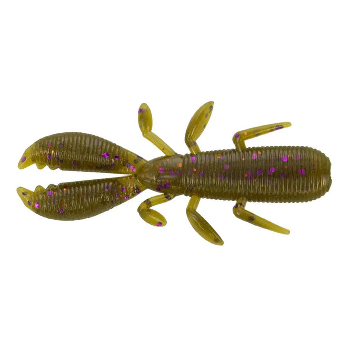 Yamamoto 2.5" Covert Craw fishing lure in greenish brown with purple speckles, designed to mimic a crawfish for effective fishing tackle use.