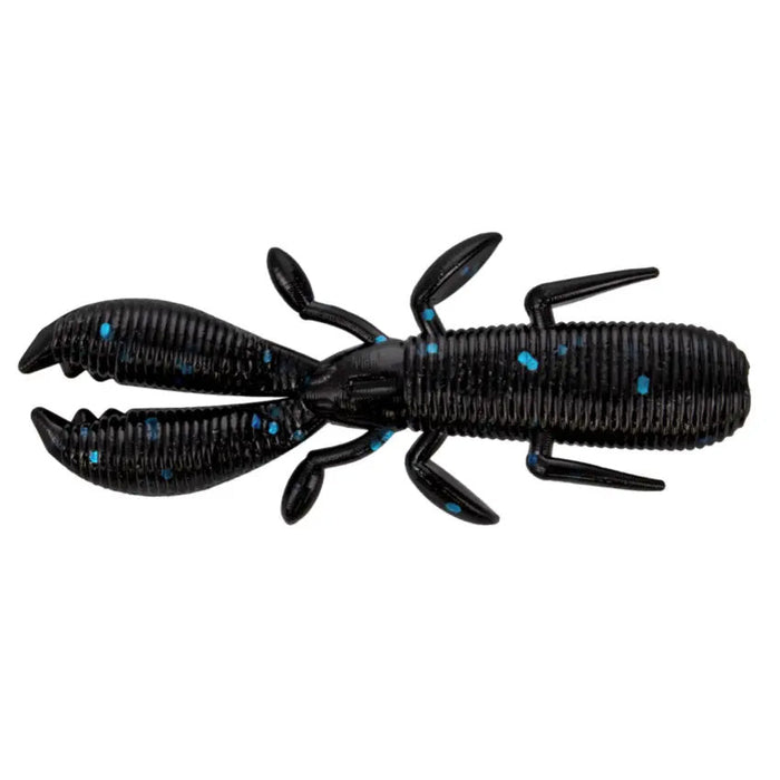 Yamamoto 2.5" Covert Craw fishing lure in black with blue flakes, designed to imitate a crawfish with detailed claws and segmented body for effective fishing tackle use.