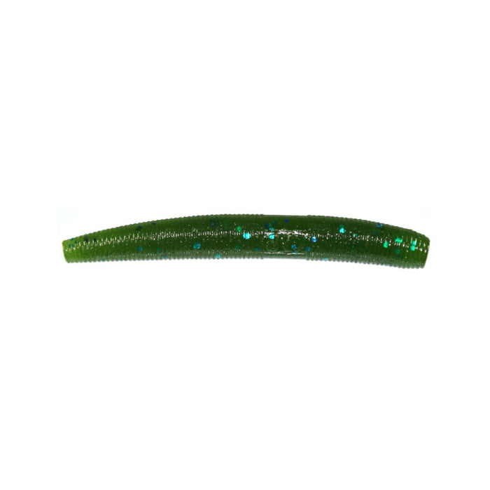 Yamamoto 3" Fat Senko soft fishing lure in green with blue and silver flecks, designed for use with fishing rods and tackle.