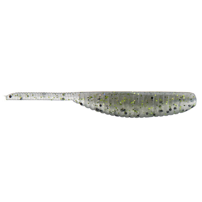 Yamamoto 3" Shad Shape Worm fishing lure in translucent color with black and green speckles, designed for effective use in fishing tackle and lure setups.