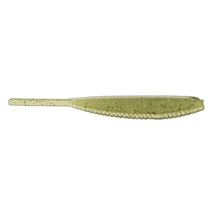 Yamamoto 3" Shad Shape Worm in translucent green with black speckles, soft plastic fishing lure designed for lifelike movement in water.