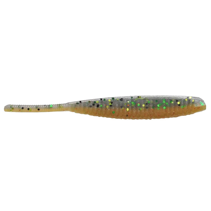 Yamamoto 3" Shad Shape Worm fishing lure in translucent gray with black, green, and yellow speckles designed for bass and musky fishing tackle.