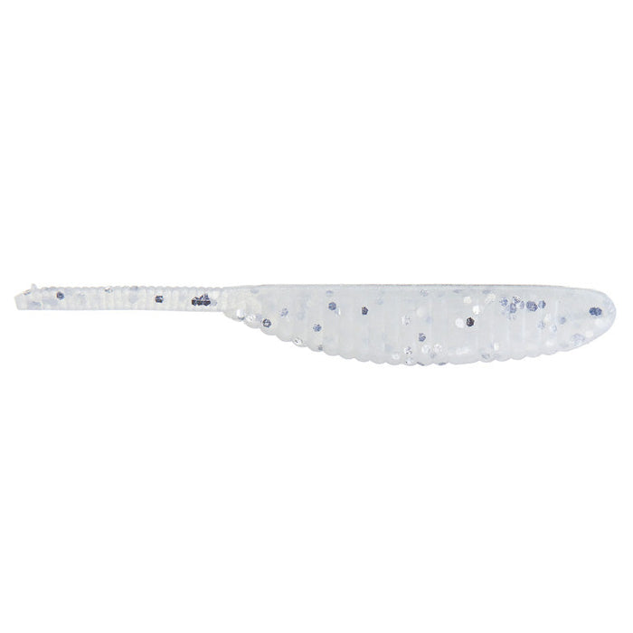 Yamamoto 3" Shad Shape Worm fishing lure in translucent pearl color with silver flakes, designed for freshwater fishing tackle targeting musky and other species.