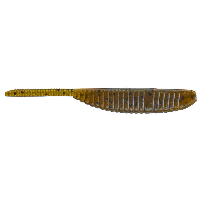 Yamamoto 3" Shad Shape Worm fishing lure in brown with speckled black spots, designed for use as fishing tackle to attract bass and other freshwater fish.