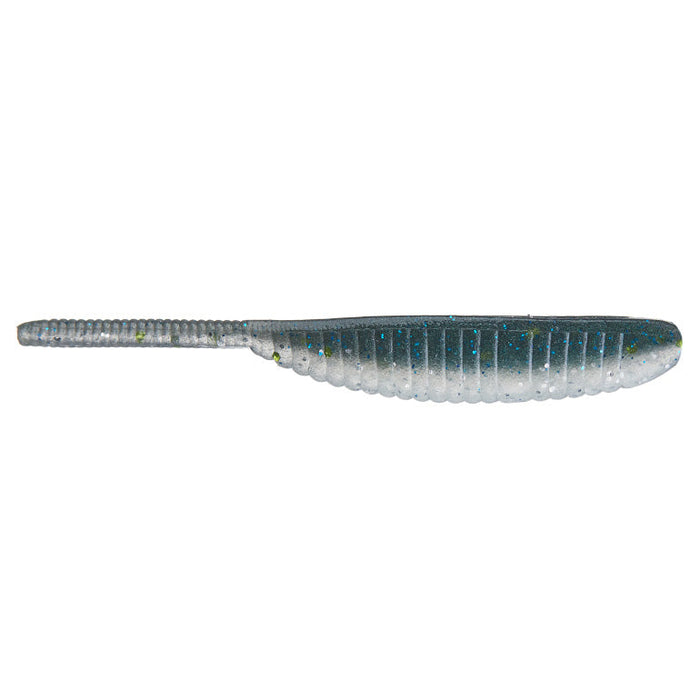 Yamamoto 3" Shad Shape Worm fishing lure in translucent green with blue and silver flecks, designed for musky and ice fishing tackle applications.