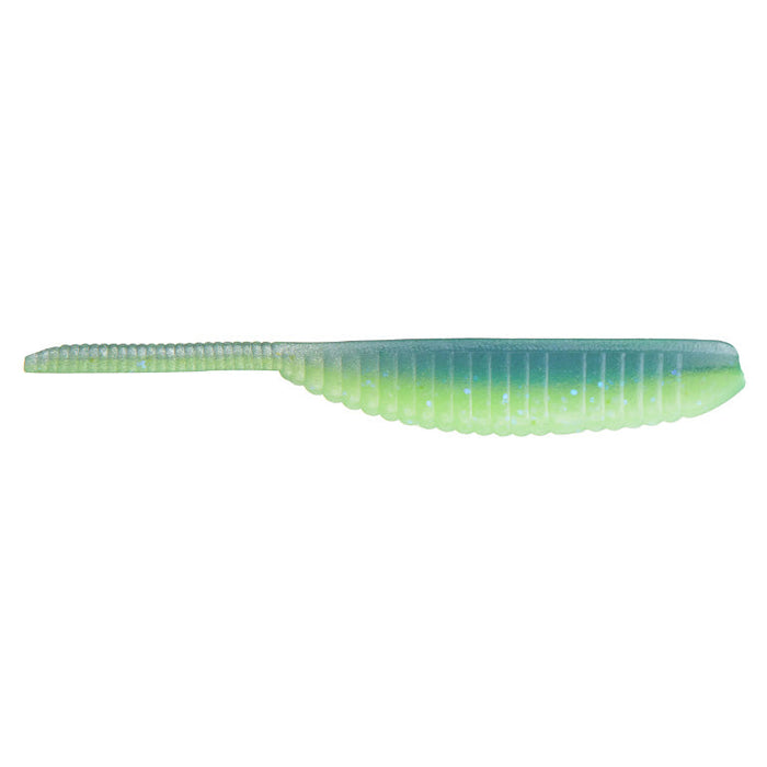 Yamamoto 3" Shad Shape Worm fishing lure in translucent blue and chartreuse colors with ribbed body and slender tail designed for realistic swimming action.