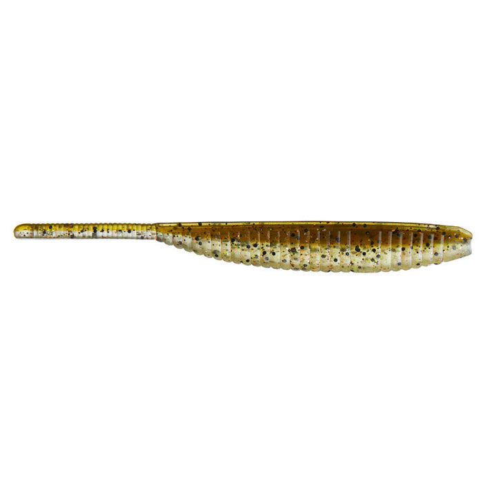 Yamamoto 5" Shad Shape Floater fishing lure in translucent brown with black and silver flecks, designed for freshwater fishing tackle use.