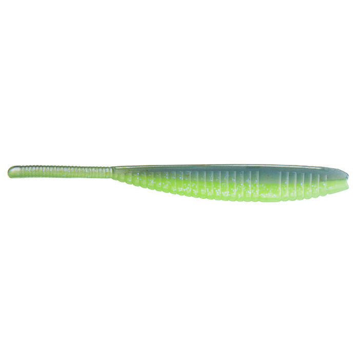Yamamoto 5" Shad Shape Floater fishing lure in translucent green and blue with ribbed texture and tapered tail, designed for effective fishing tackle use.