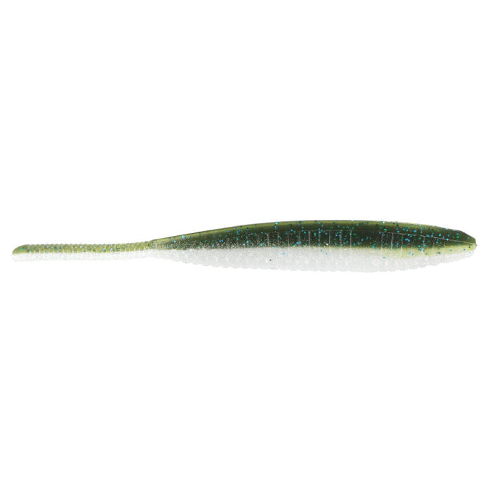 Yamamoto 5" Shad Shape Floater soft fishing lure with green and white body, featuring a slender tail and speckled blue glitter for realistic fish attraction.