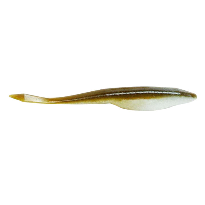 Yamamoto D Shad soft fishing lure in olive green and white colors, designed to mimic baitfish for effective fishing tackle use.