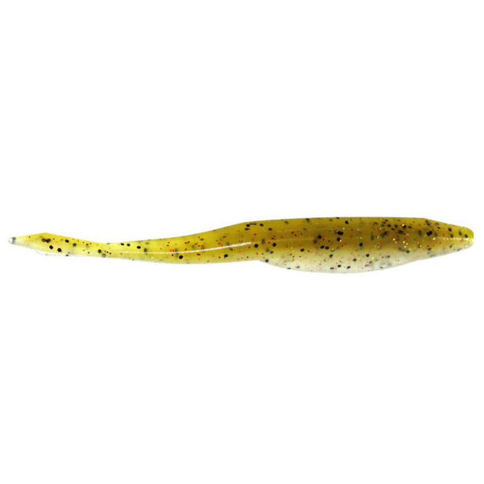 Yamamoto D Shad soft plastic fishing lure in translucent yellow with black and red speckled pattern, designed for realistic movement to attract fish.