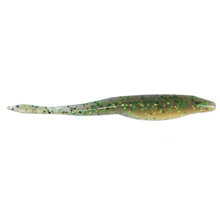 Yamamoto D Shad fishing lure in translucent green with black and green speckles, designed for effective musky and freshwater fishing tackle.