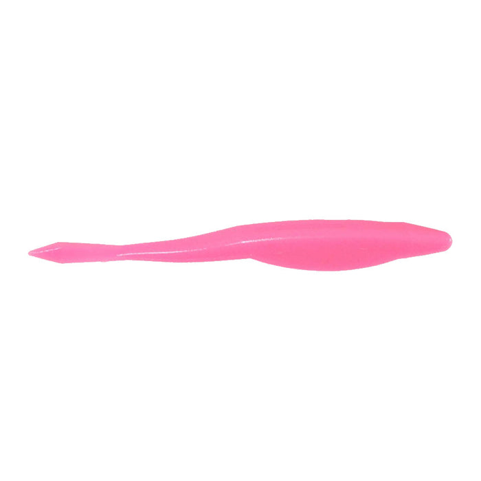 Yamamoto D Shad soft fishing lure in bright pink, designed for freshwater fishing with a streamlined body and paddle tail for realistic movement.