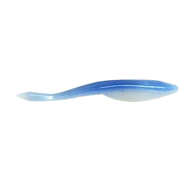 Soft plastic fishing lure in blue and white with a paddle tail designed for lifelike movement, identified as Yamamoto D Shad for fishing tackle use.