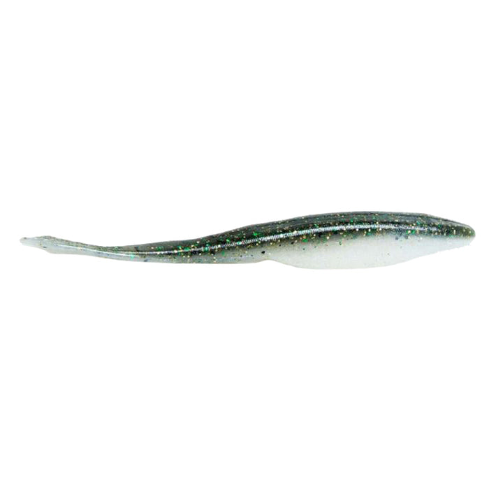 Soft plastic fishing lure in green and white with glitter, designed to mimic a baitfish, shown against a white background, Yamamoto D Shad.