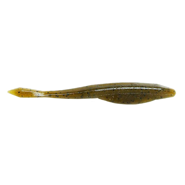 Yamamoto D Shad fishing lure in translucent green with black speckles, designed for lifelike movement in water to attract fish.