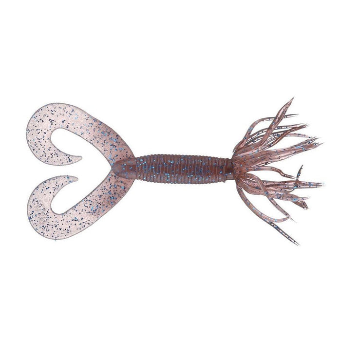 Yamamoto Double Tail Hula Grub fishing lure in cinnamon red with blue flakes, featuring a ribbed body, curled twin tails, and multiple thin appendages for lifelike movement.