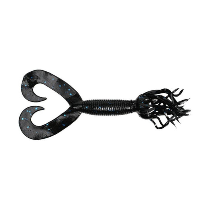 Yamamoto Double Tail Hula Grub fishing lure in black with blue flakes, featuring dual curled tails and flexible tentacle-like appendages for realistic underwater movement.