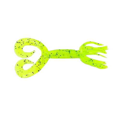 Yamamoto Double Tail Hula Grub fishing lure in bright chartreuse with black speckles, featuring a ribbed body, twin curled tails, and multiple soft appendages for lifelike movement.