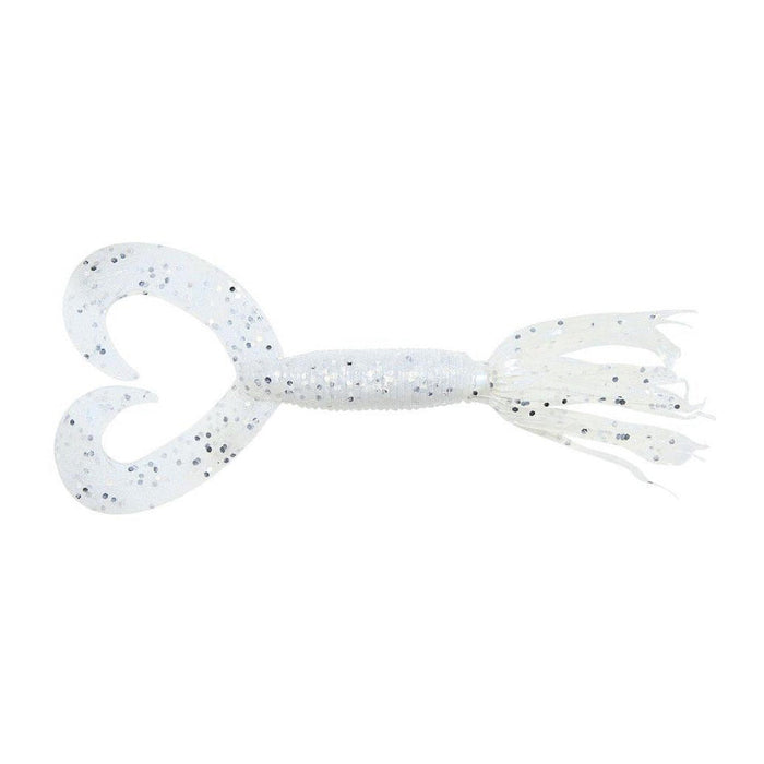 Yamamoto Double Tail Hula Grub fishing lure in translucent white with black and silver speckles, featuring twin curled tails and multiple flexible appendages for lifelike movement.