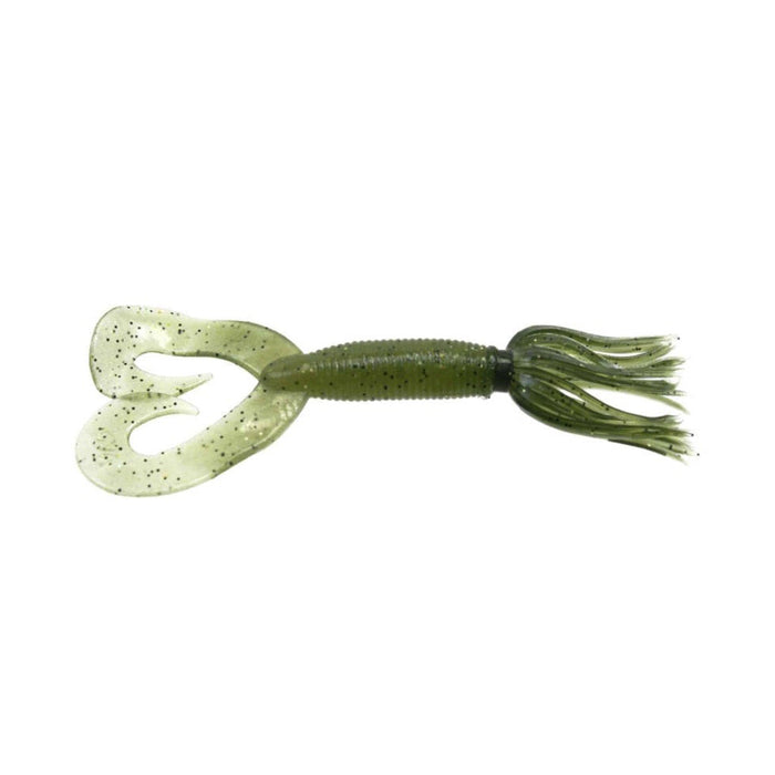 Yamamoto Double Tail Hula Grub fishing lure in translucent green with black speckles, featuring a ribbed body, dual curly tails, and multiple thin appendages for lifelike movement.