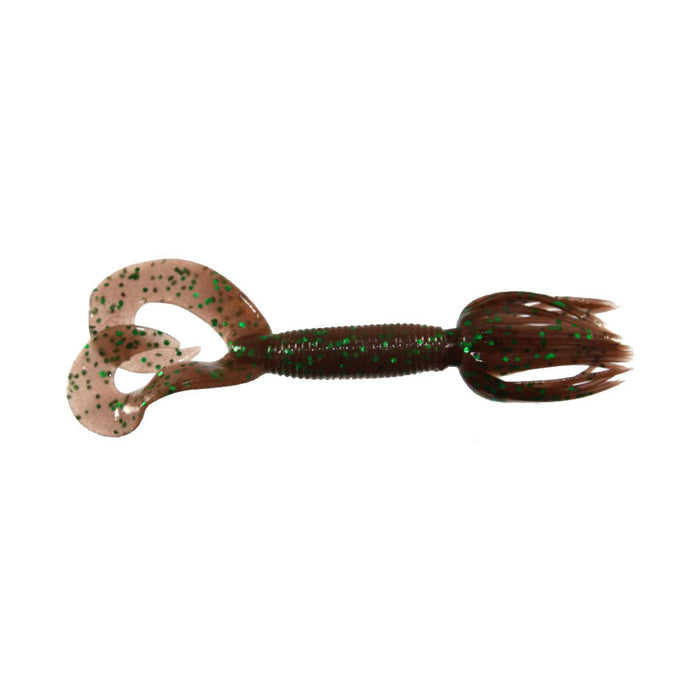 Soft plastic fishing lure in brown with green flakes featuring dual curled tails and a ribbed body, designed as the Yamamoto Double Tail Hula Grub for fishing tackle use.