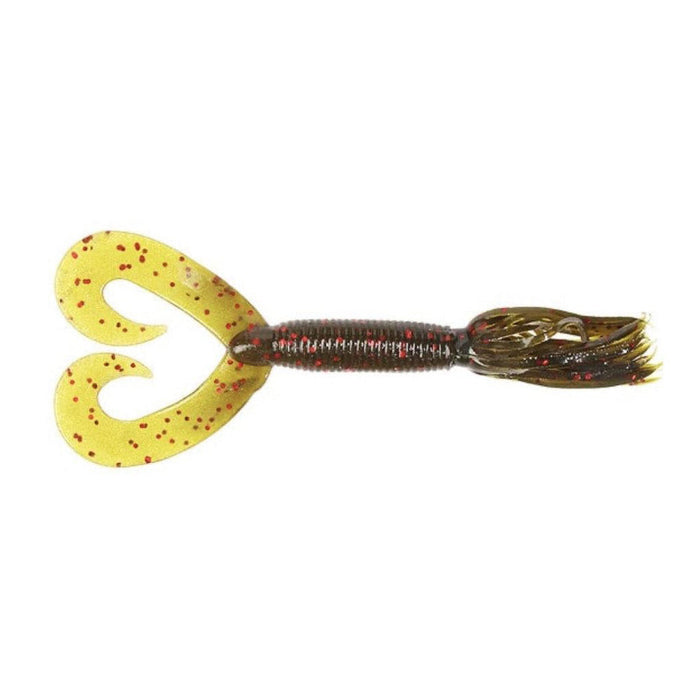 Yamamoto Double Tail Hula Grub soft fishing lure with a ribbed body, twin curled yellow tails with red flecks, and a fringed dark brown head designed for musky and ice fishing.
