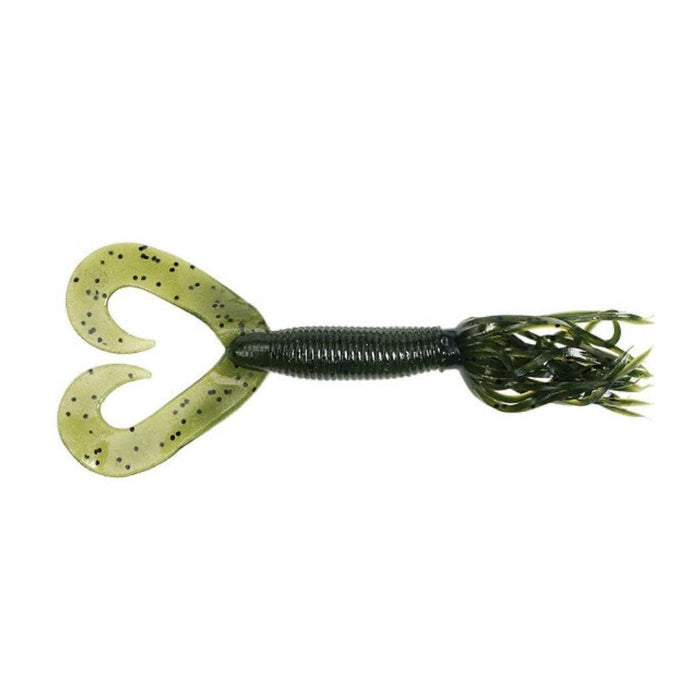 Yamamoto Double Tail Hula Grub fishing lure in green with black flakes, featuring a ribbed body, twin curled tails, and a skirted tail end for lifelike movement in water.