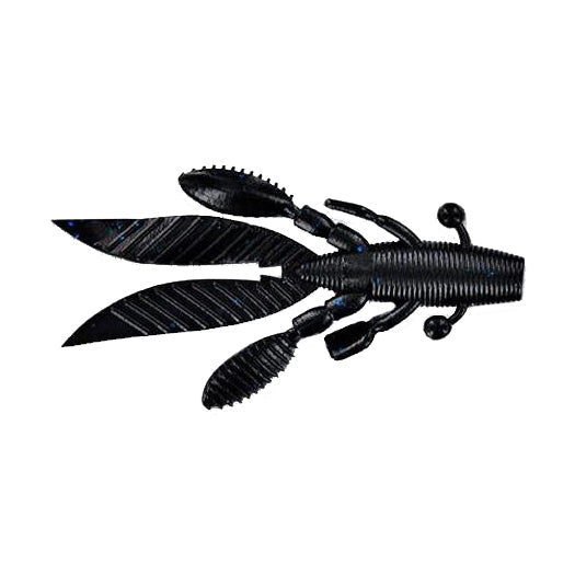 Black soft plastic fishing lure designed to mimic a crawfish with detailed claws and segmented body, identified as Yamamoto Flappin' Hog 4.5