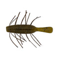 Close-up of a Yamamoto Fuzzy Nuki fishing lure in olive green with thin, flexible appendages designed to mimic natural prey for musky and other freshwater fish.