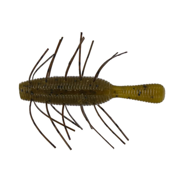 Close-up of a Yamamoto Fuzzy Nuki fishing lure in olive green with thin, flexible appendages designed to mimic natural prey for musky and other freshwater fish.