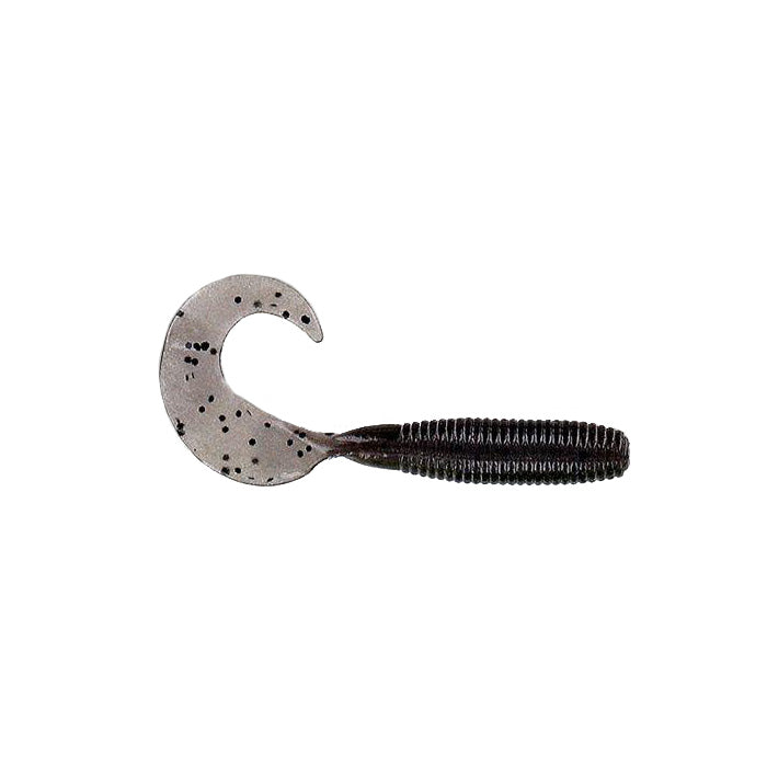 Yamamoto Single Tail Grub fishing lure with a ribbed black body and translucent curved tail tipped with black speckles, designed for effective fishing tackle use.