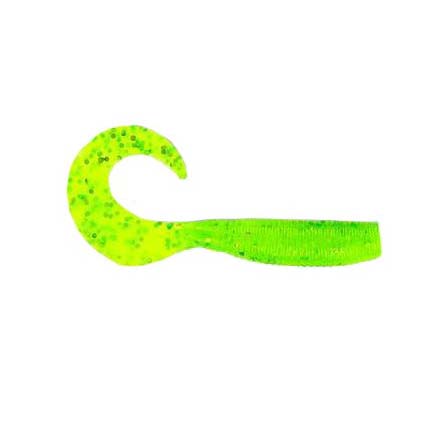 Bright green soft plastic fishing lure with a curled tail and embedded glitter, designed for effective movement in water, Yamamoto Single Tail Grub.