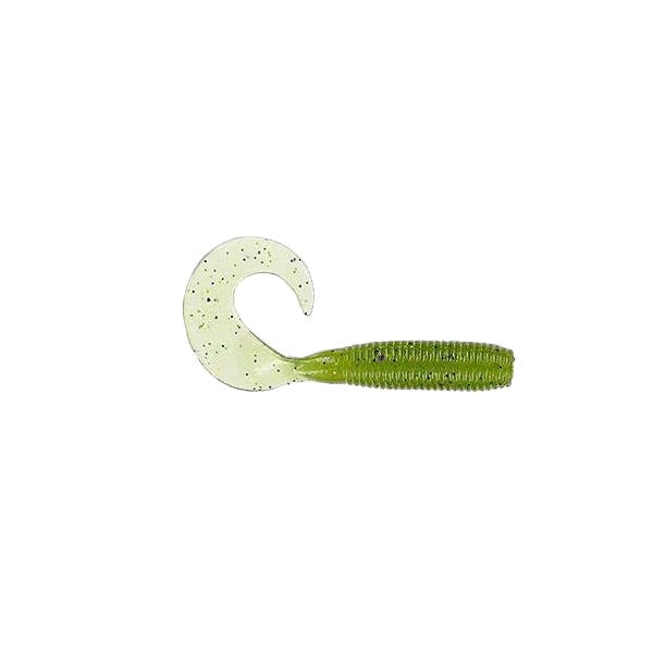 Yamamoto Single Tail Grub fishing lure in green with a ribbed cylindrical body and a curled tail speckled with black for lifelike movement in water.