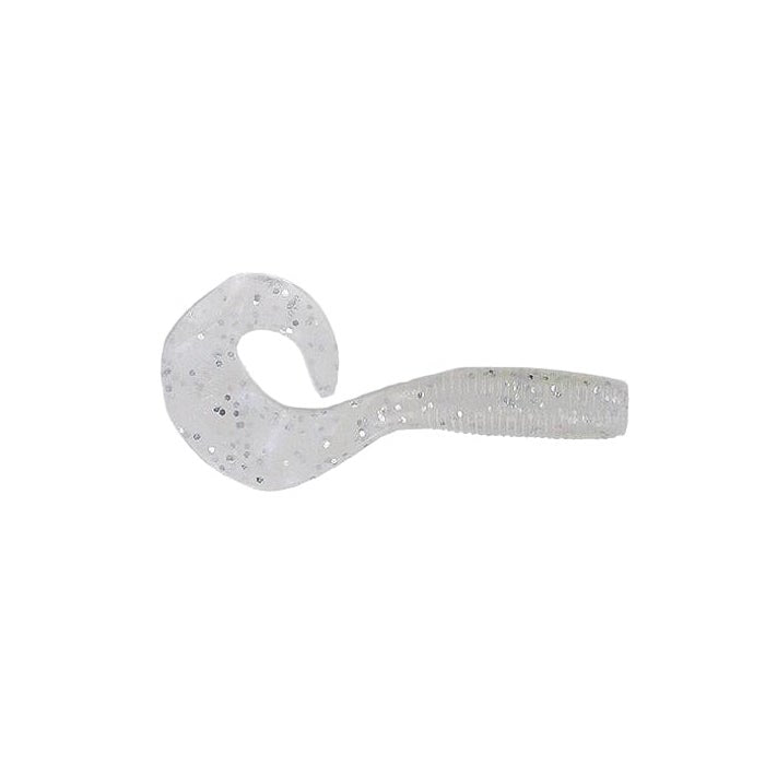 Yamamoto Single Tail Grub soft fishing lure in translucent white with silver glitter, designed for freshwater and musky fishing tackle applications.