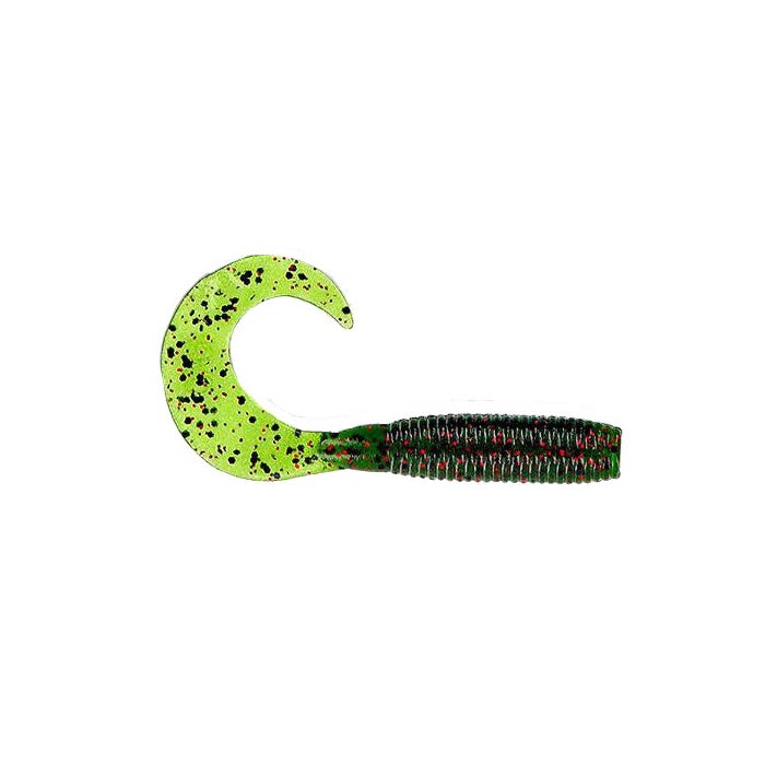 Yamamoto Single Tail Grub soft fishing lure with a dark ribbed body and bright green curly tail speckled with black, designed for fresh or saltwater fishing tackle.