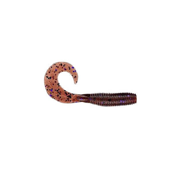 Yamamoto Single Tail Grub soft plastic fishing lure in brown with black and purple speckles, featuring a ribbed body and a curled tail for lifelike movement in water.